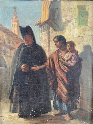 Lot 1244 - John Phillip (1817 - 1867), oil on canvas laid on panel, 
"Charity" a peasant girl holding a baby begging from 
a gentleman, in gilt frame. 24 x 18cm.