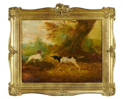 Lot 1148 - English School early 19th Century, oil on board, A woodland scene with pointers hunting, in gilt frame. 43 x 56cm.