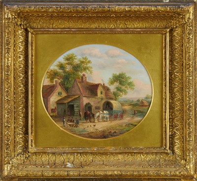 Lot 1242 - Georgina Lara (act.1840 -1880), oval oil  on board, A village scene with rustic figures and a horse drawn wagon, signed verso, in gilt frame. 
19 x 21cm.
