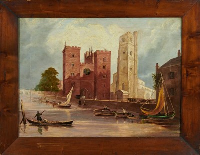 Lot 1202 - English School, 19th century, oil on canvas - Lambeth Palace from the Thames, 44cm x 60cm, in 19th century pine frame