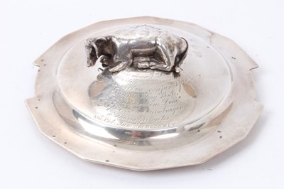 Lot 513 - Early Victorian silver butter dish cover with applied cow finial, engraved with a latin dedication and a family crest, (Birmingham 1843)