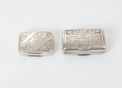 Lot 504 - George III silver vinaigrette of rectangular form with brite cut engraved decoration, gilded interior with pierced hinged grill, (Birmingham 1816), maker Lea & Clark, together with another William...