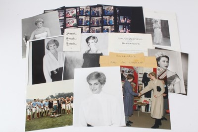 Lot 116 - Diana Princess of Wales, three signatures on card, portrait photographs of the Princess and photographic thumb nail prints of the Princess attending Bernardo's fund raising events and related ephem...