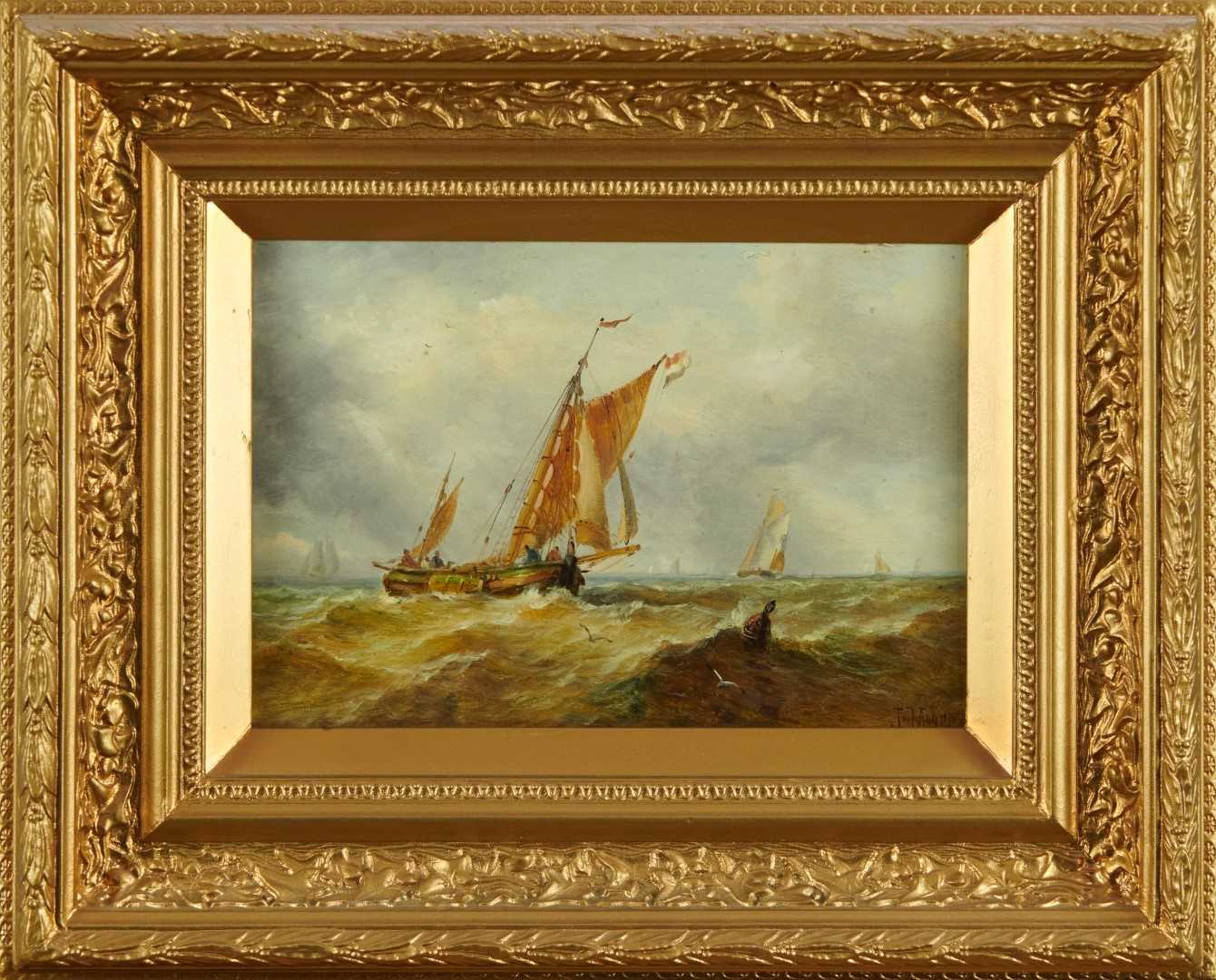 Lot 1316 - John Moore of Ipswich (1820-1902) oil on panel - shipping at sea, signed, 17.5cm x 25cm, in gilt frame