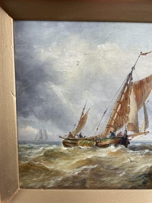 Lot 1316 - John Moore of Ipswich (1820-1902) oil on panel - shipping at sea, signed, 17.5cm x 25cm, in gilt frame