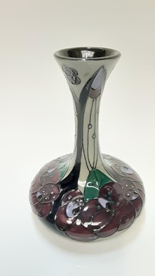 Lot 1133 - Moorcroft pottery slender neck vase with stylised decoration on grey ground, dated 2013, 16cm high