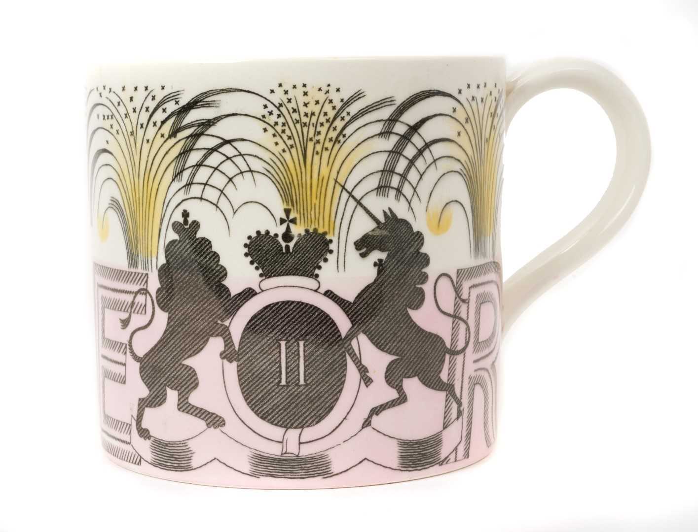 Lot 153 - Eric Ravilious for Wedgwood- The Coronation of H.M.Queen Elizabeth II 1953, scarce Wedgwood Souvenir mug with stylised Royal Arms, ER and 1953, marks to base 10.4cm high, 10.6cm diameter