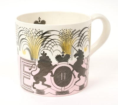 Lot 153 - Eric Ravilious for Wedgwood- The Coronation of H.M.Queen Elizabeth II 1953, scarce Wedgwood Souvenir mug with stylised Royal Arms, ER and 1953, marks to base 10.4cm high, 10.6cm diameter