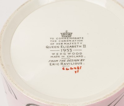 Lot 153 - Eric Ravilious for Wedgwood- The Coronation of H.M.Queen Elizabeth II 1953, scarce Wedgwood Souvenir mug with stylised Royal Arms, ER and 1953, marks to base 10.4cm high, 10.6cm diameter