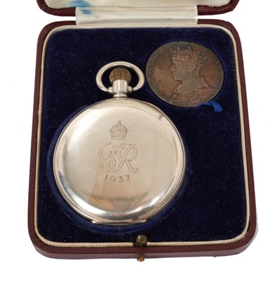 Lot 152 - 1937 Coronation of King George VI J.W. Benson Ltd silver half hunter pocket watch in case with coronation medallion.
