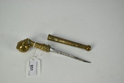 Lot 931 - 19th century Continental brass mounted concealed dagger