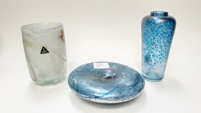 Lot 1147 - Isle of Wight art glass vase, with original sticker, together with another glass vase and a large paperweight (3)