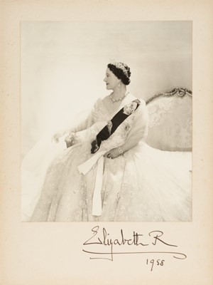 Lot 135 - H.M.Queen Elizabeth The Queen Mother, signed 1958 presentation portrait photograph by Cecil Beaton of Her Majesty wearing a beautiful ball gown, diamonds, Order of The Garter and Royal Family Order...