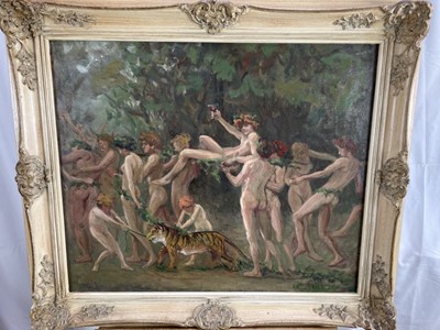 Lot 846 - Circle of Sir Alfred Munnings (1878-1959) oil on canvas - A Bacchanalian Procession, bearing initials A.J.M., 51cm x 61cm, framed