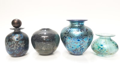Lot 1149 - Three Isle of Wight iridescent vases and a scent bottle (two with original stickers)