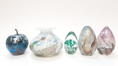 Lot 1150 - Isle of Wight iridescent glass vase together with four paperweights, all with original stickers (5)