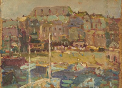 Lot 1337 - Thomas Brown Yates (1882-1968) oil on panel - A Harbour, 30cm x 40cm, unframed
