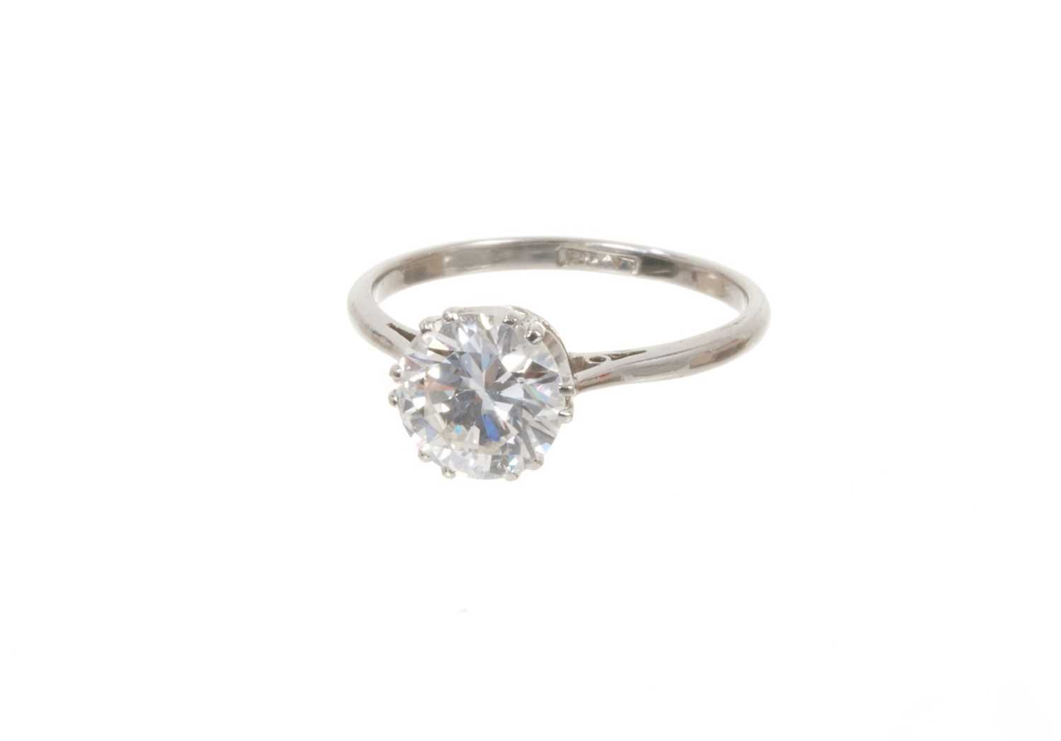 Lot 697 - Diamond single stone ring with a round brilliant cut diamond estimated to weigh approximately 1.83cts in coronet claw setting on platinum shank. Ring size N½.
