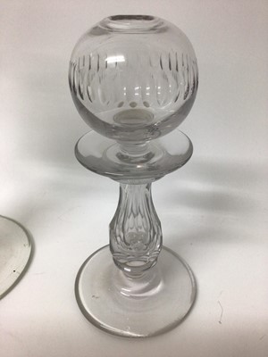 Lot 373 - Three 18th/19th century glass lacemaker's lamps, two with cut decoration
