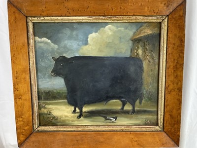 Lot 1342 - English School, oil on panel - The Bull and The Magpie, 23.5cm x 28cm, in maple veneered frame