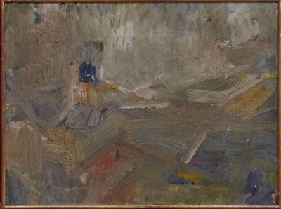 Lot 1356 - Dorothy Mead (1928-1975) oil on board - View of River from Greenwich, circa 1958, 76cm x 99cm, in gilt frame 
Exhibited: The Arts Council of Great Britain, Six Young Painters, Cat. No. 17