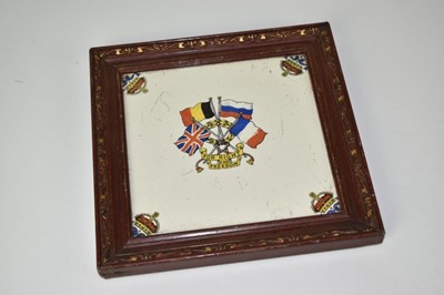 Lot 823 - First World War tranfer printed tile, depicting the allied flags, captioned 'For right and freedom', 19.5 x 19.5cm.