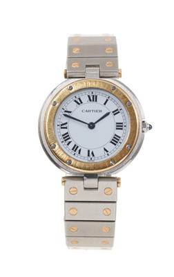 Lot 585 - Cartier Santos de Cartier wristwatch with white enamel dial, black enamel Roman numerals, blued steel hands, quartz movement, in circular stainless steel 32mm case, on a bi-metal bracelet with depl...