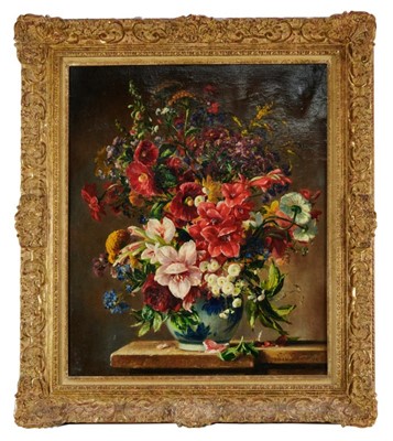 Lot 1145 - * Stuart Scott Somerville (1908-1983) oil on canvas - Still life of flowers in a blue and white vase, signed, 61.5cm x 51.5cm, in ornate gilt frame