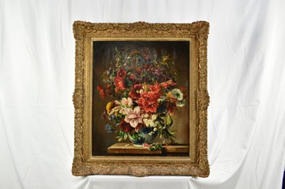 Lot 1145 - * Stuart Scott Somerville (1908-1983) oil on canvas - Still life of flowers in a blue and white vase, signed, 61.5cm x 51.5cm, in ornate gilt frame