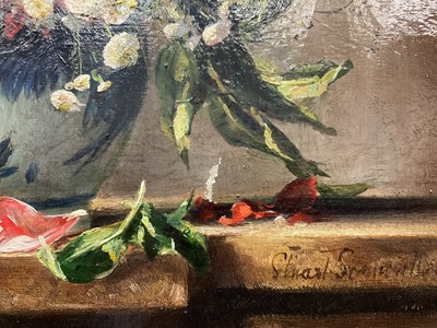 Lot 1145 - * Stuart Scott Somerville (1908-1983) oil on canvas - Still life of flowers in a blue and white vase, signed, 61.5cm x 51.5cm, in ornate gilt frame
