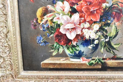 Lot 1145 - * Stuart Scott Somerville (1908-1983) oil on canvas - Still life of flowers in a blue and white vase, signed, 61.5cm x 51.5cm, in ornate gilt frame