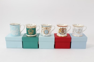 Lot 162 - Collection of five Royal Household staff presentation commemorative Royal Collection bone china mugs inscribed "In appreciation" on inside of rims, commemorating various Royal events 2008-2013 in o...