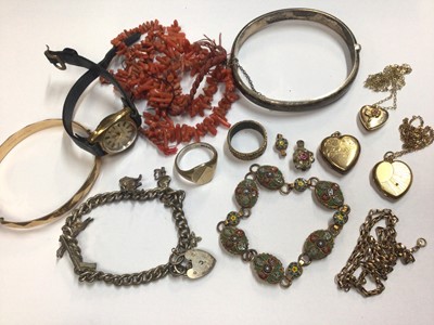 Lot 42 - 9ct gold heart shaped locket on chain, Victorian Mizpah ring, coral necklace, silver charm bracelet, silver bangle, wristwatch and costume jewellery.
