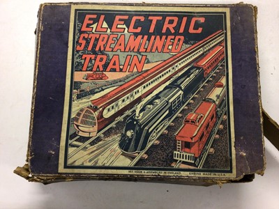 Lot 165 - Electric Streamlined Train set in original box with locomotive, three coaches and track set made in England, Engine made in USA