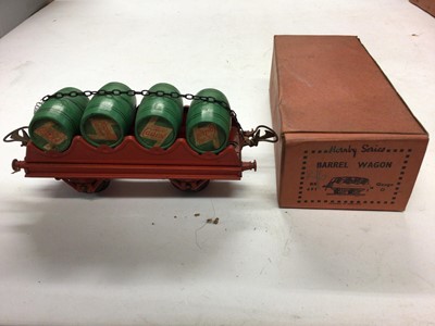 Lot 168 - Hornby O gauge boxed selection including Flat Truck with container RS713, Barrel Wagon RS691, No.1 level crossing A812, various straight rails B1, Points, Parallel Points etc (qty)