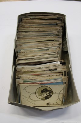 Lot 1432 - Postcards - shoe box of loose postcards including many early cards, coloured vignettes, undivided backs , small size vignettes. Advertising Poster type Royal Primrose Soap 1940.  Real photographic...