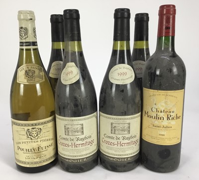 Lot 66 - Wine - six bottles, Comte de Raybois Crozes- Hermitage 1999 (x4), one bottle of Chateau Moulin Riche St Julien 1999 and one bottle of Pouilly Fuisse 2002