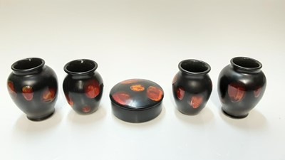 Lot 1220 - Two pairs of small Poole pottery Galaxy Lava vases, together with a circular lidded pot (5)