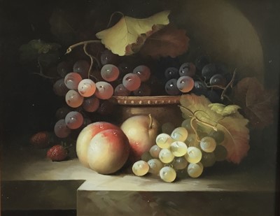 Lot 49 - Continental school - Still life with fruit, oil on wood board, framed