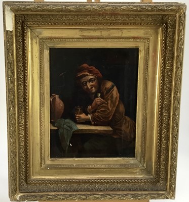 Lot 47 - Dutch School, 18th Century, oil on canvas laid on panel - A figure in an inn interior, 20cm x 26cm, in ornate gilt frame, 40cm x 45cm overall