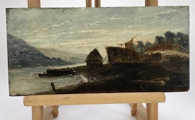 Lot 42 - Scottish School, 19th Century oil on panel - A river estuary, fisherman's hut with fishing boat, 36cm x 17cm, unframed