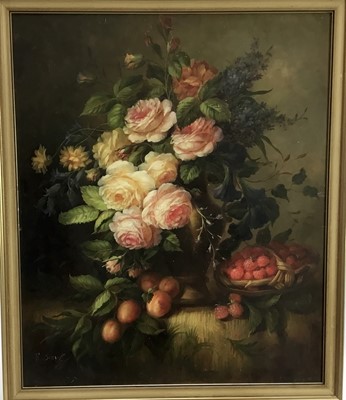 Lot 48 - F. Suzan, oil on wood board -  A still life with fruit, 51cm x 61cm in gilt frame