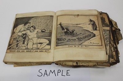 Lot 1435 - Victorian leather photograph album containing Cabinet cards and Carte de Visites, families, children with toys etc.  Two scrap albums with pressed flowers, stamps, cards and WW2 newpaper cartoons.