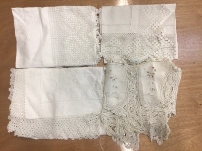 Lot 2120 - White embroidered cotton cover with lace insets, tablecloths with crochet edges, other cloths etc.