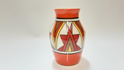 Lot 1274 - Wedgwood Clarice Cliff style vase with geometric decoration on orange, yellow, brown and white ground, 20cm high, boxed