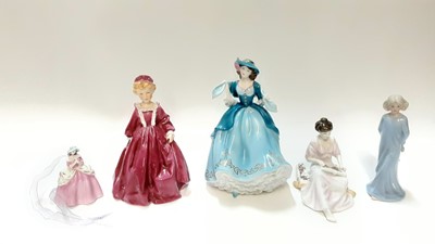 Lot 1276 - Two Royal Worcester figures - Grandmother's Dress, modelled by F G Doughty and Summer no 8020 of 9500, together with a Royal Albert figure - Thoughts of You and two other figures