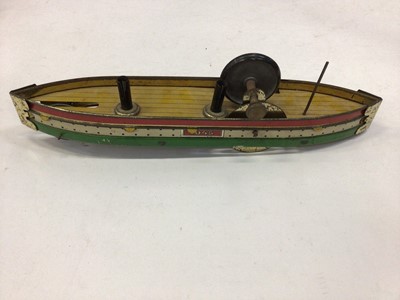 Lot 1831 - Selection of tinplate models including Lehmann Zikra Zebra cart, G & K horse-drawn cart, early automobile and paddle steamer
