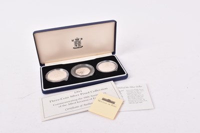 Lot 403 - G.B. - Royal mint 1994 silver proof three coin set, commemorating World War II 50th Anniversary 1991-1995 to include French One Franc, United States of America One Dollar and United Kingdom Fifty P...