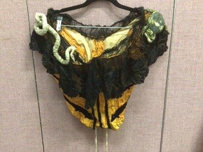 Lot 2112 - Unusual Victorian boned bodice orange with black ribbons and lace with stuffed fabric snake and frog on shoulders....