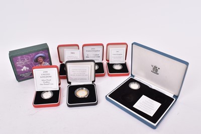 Lot 405 - G.B. - Royal Mint silver proof Piedfort coins to include £5 Queen Mother Centenary 2002, £2 Rugby World Cup with coloured hologram 1999, £1's 1999, 2000, 2001, 2003 & 2004 (N.B. All cased with Cert...